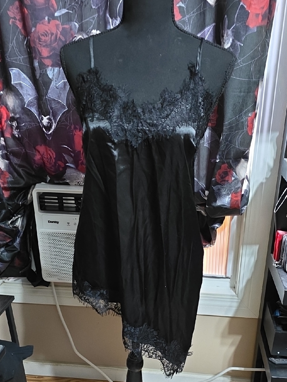 Black Asymetrical Lace-Trim Satin Camisole